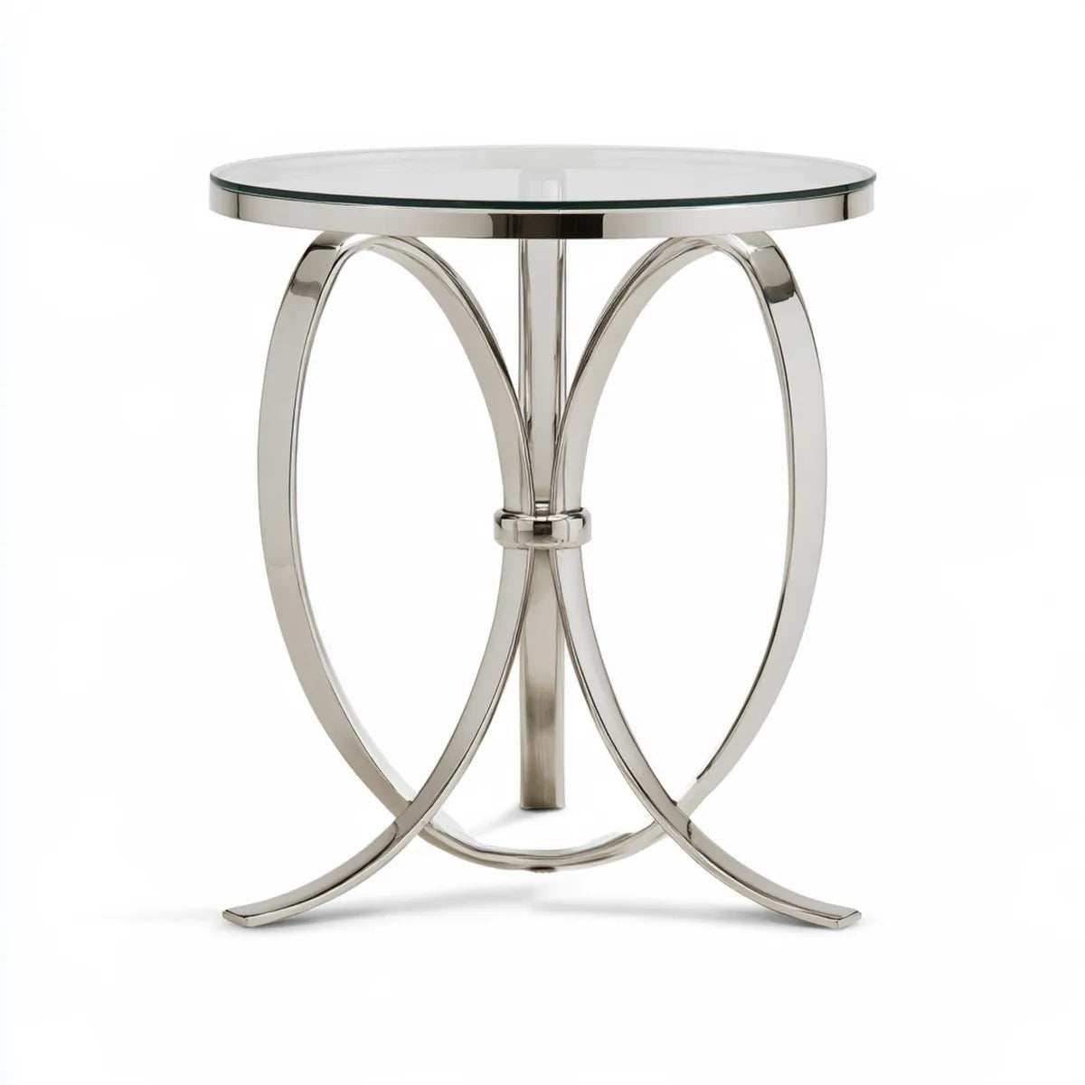 Round Glass Top Side Table, 24 in Diameter x 24 in H, Silver Stainless Steel Frame
