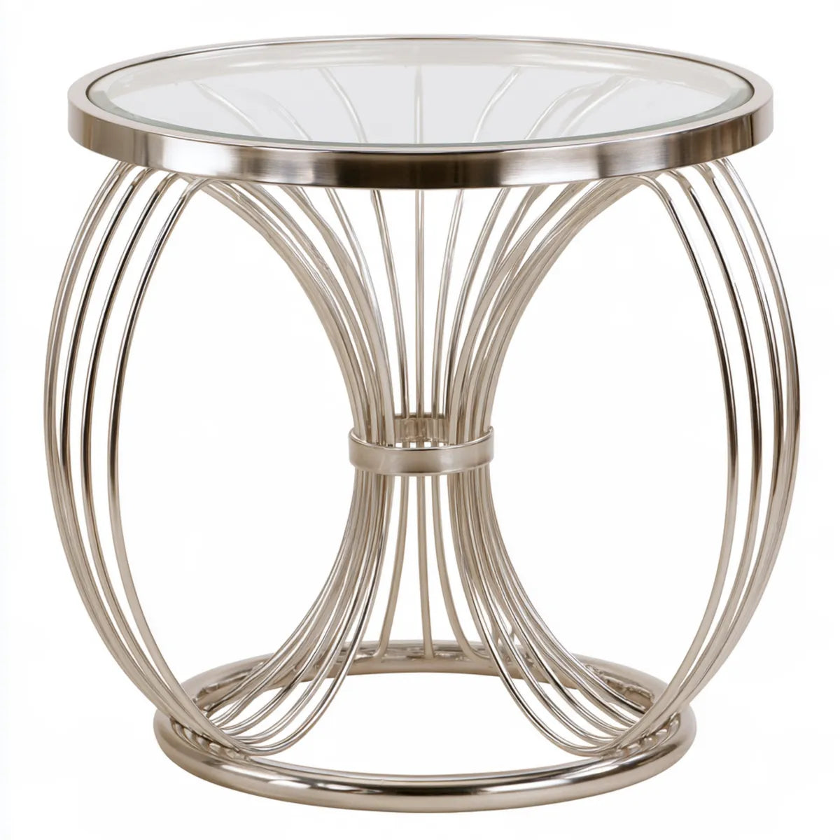 Round Glass Top Side Table, 20 in Diameter x 24 in High, Silver Stainless Steel