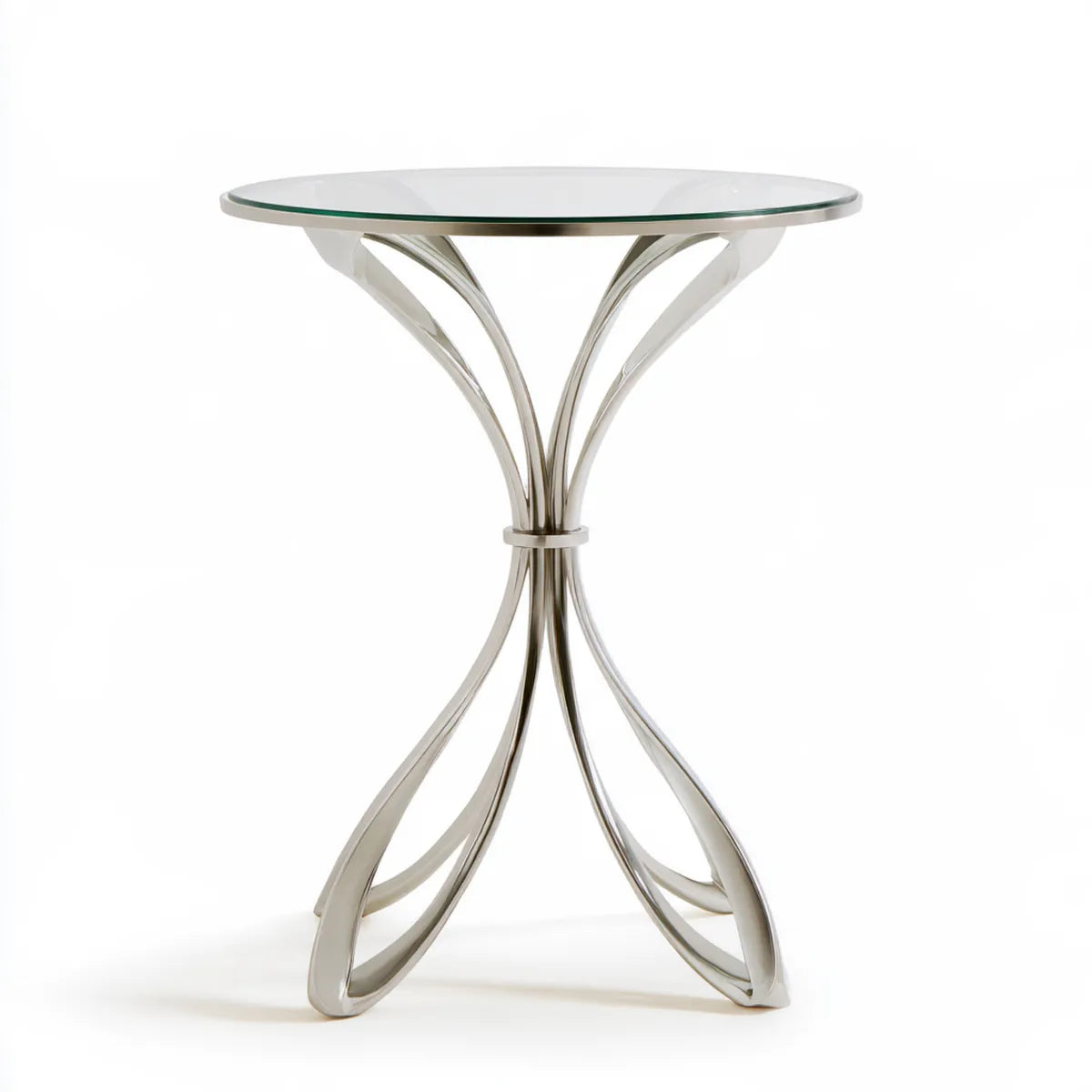 Round Glass Top Side Table, 20 in Diameter x 24 in High, Silver Stainless Steel Base