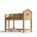Twin House Loft Bed, Natural Solid Pine Wood, 79.5 x 43 x 78.7 in