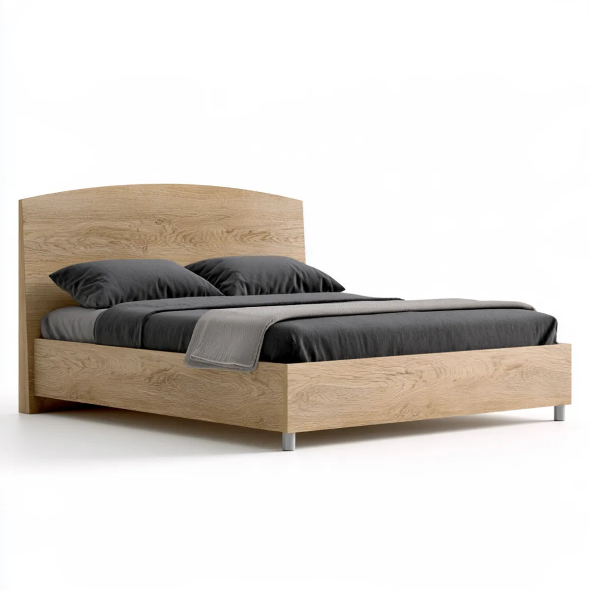 Queen Wood Platform Bed Frame with Curved Headboard, 84 x 64 x 43 in, Natural Oak/Silver