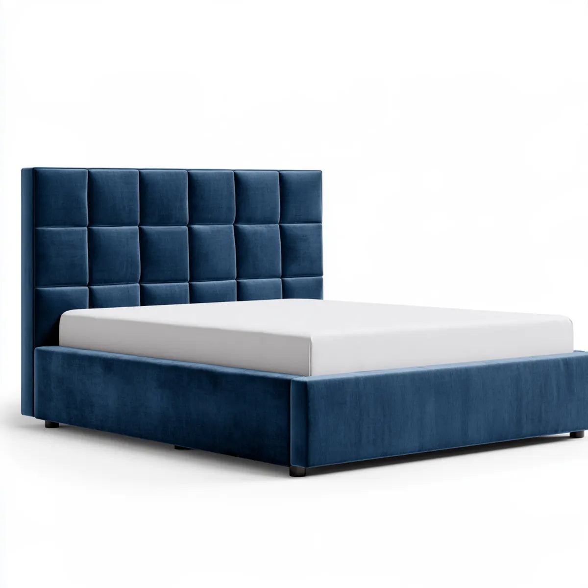 Queen Upholstered Platform Bed Frame, 65 x 86 x 56 in, Navy Blue Polyester Velvet