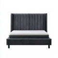 Queen Upholstered Platform Bed Frame with Wingback Channel-Tufted Headboard, 64 x 86 x 56 in, Black Polyester Velvet