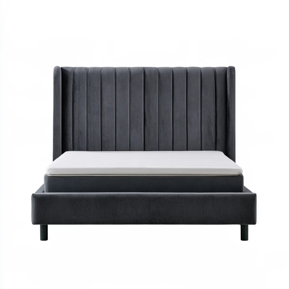 Queen Upholstered Platform Bed Frame with Wingback Channel-Tufted Headboard, 64 x 86 x 56 in, Black Polyester Velvet