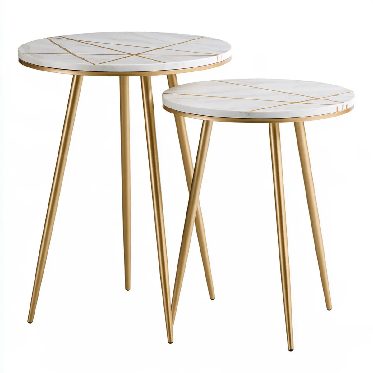 Round Nesting Side Table Set of 2, White and Gold Faux Marble MDF and Steel Tables, 19.7 in x 23.6 in and 15.7 in x 19.7 in