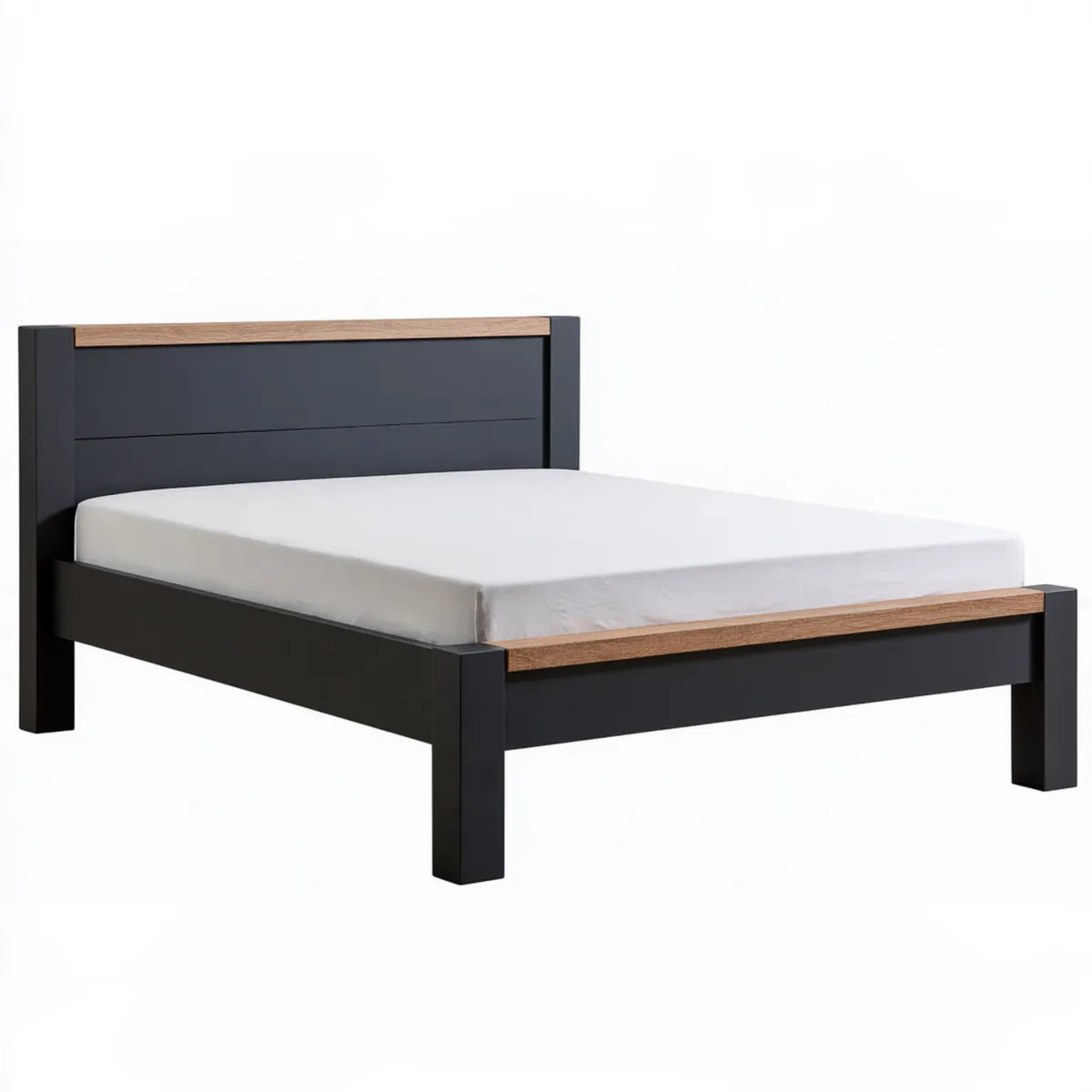 Queen Platform Bed Frame, 85 x 64 x 43 in, Black and Natural Solid Pine Wood with Headboard