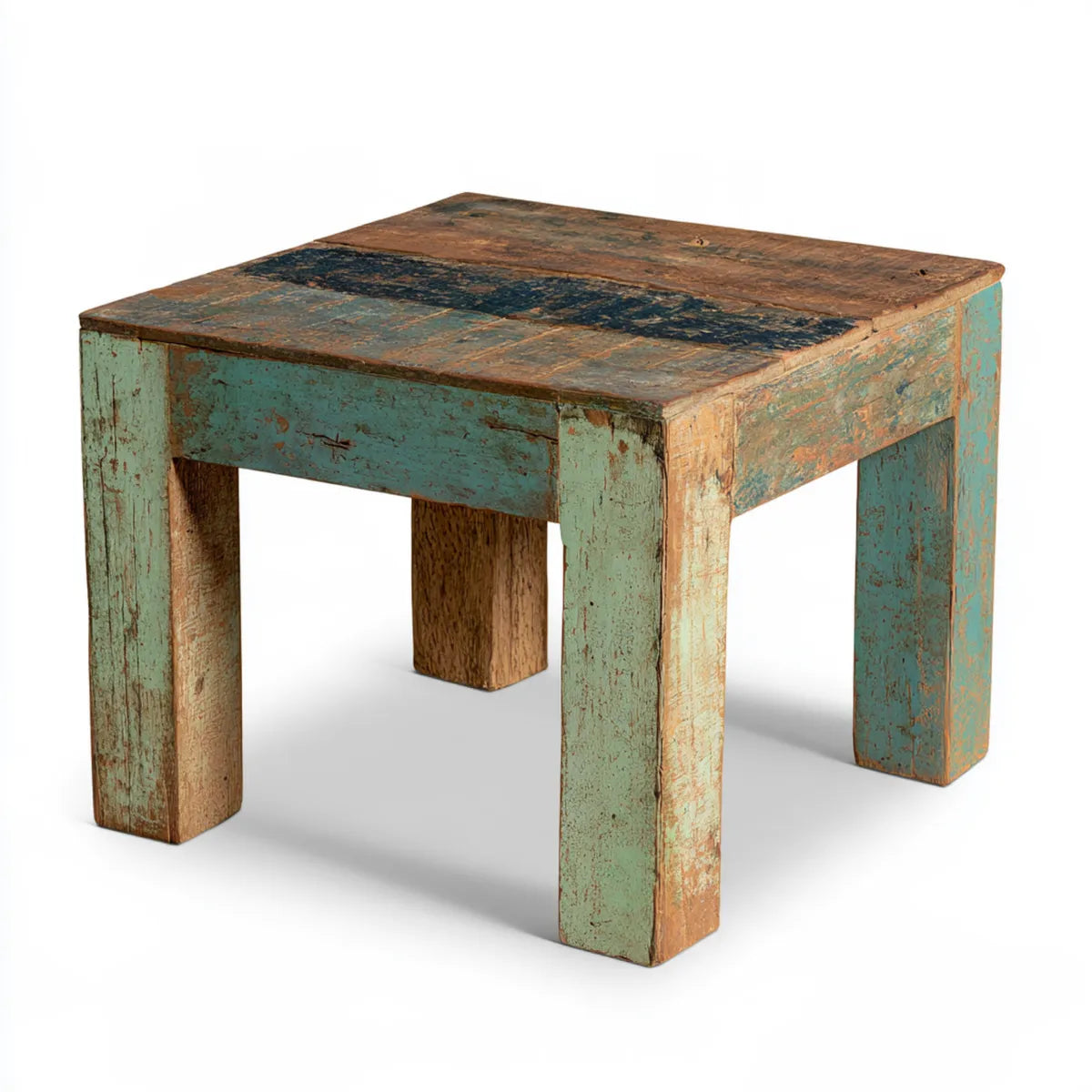 Rustic Square Reclaimed Wood Side Table, 20 x 20 x 18 in, Turquoise Brown Black