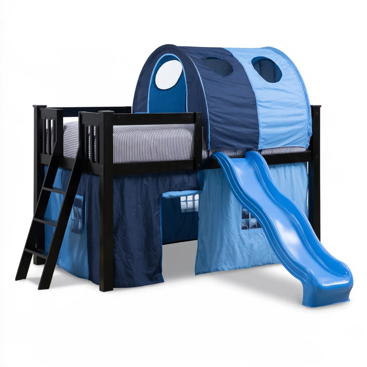 Twin Low Loft Bed with Slide, 95 x 43 x 43 in, Blue and Black Solid Pine Wood
