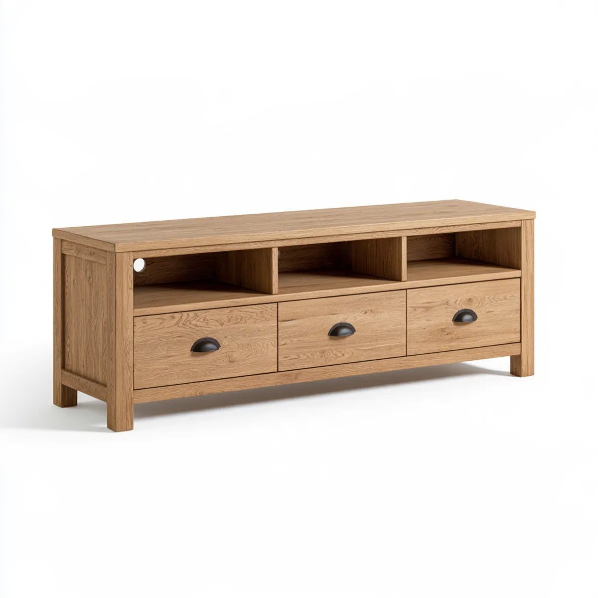 Rustic TV Stand with 3 Drawers and 3 Open Shelves, Natural Oak Veneer Engineered Wood, 70.9 x 17.7 x 23.6 in