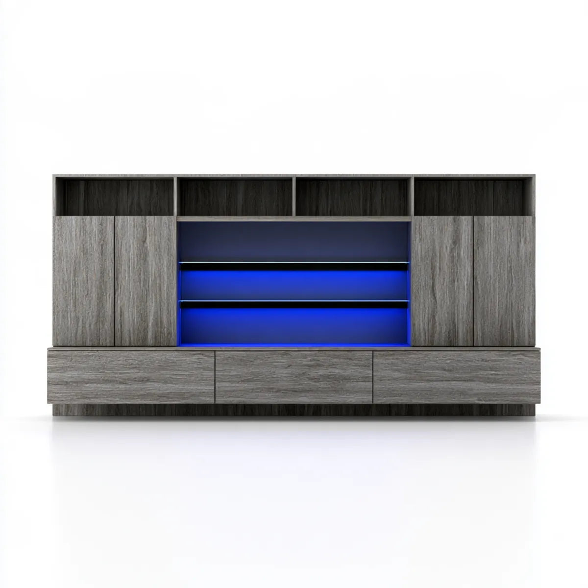118.1 x 15.7 x 70.9 in Gray and Black Engineered Wood Entertainment Center TV Stand Wall Unit with Blue LED Lights