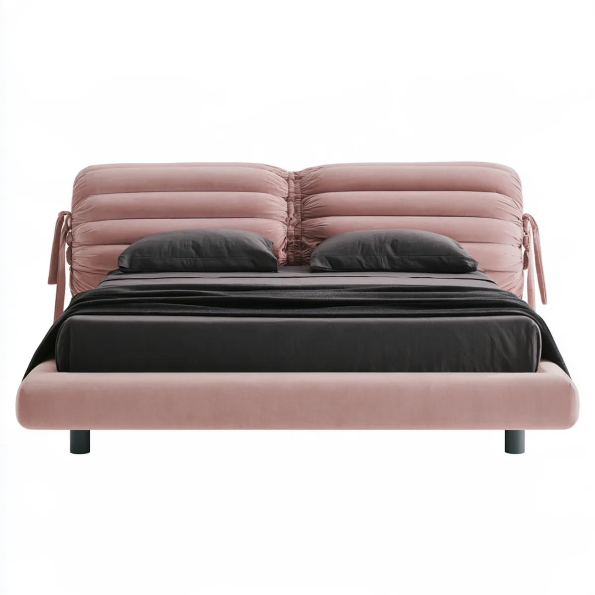 Queen Upholstered Platform Bed Frame, 86.6 x 66.1 x 43.3 in, Pink Polyester Velvet with Black Steel Legs
